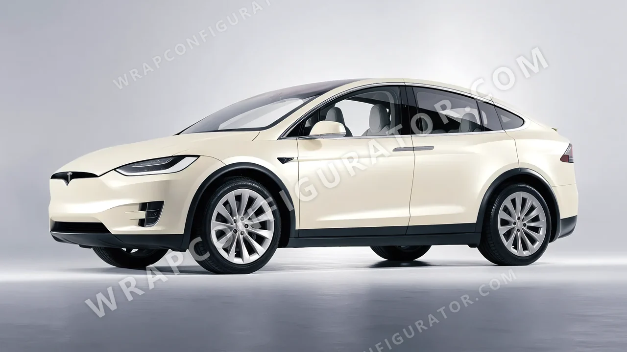White Tesla Model X 2017 wrapped in 3M Satin Frozen Vanilla SP240