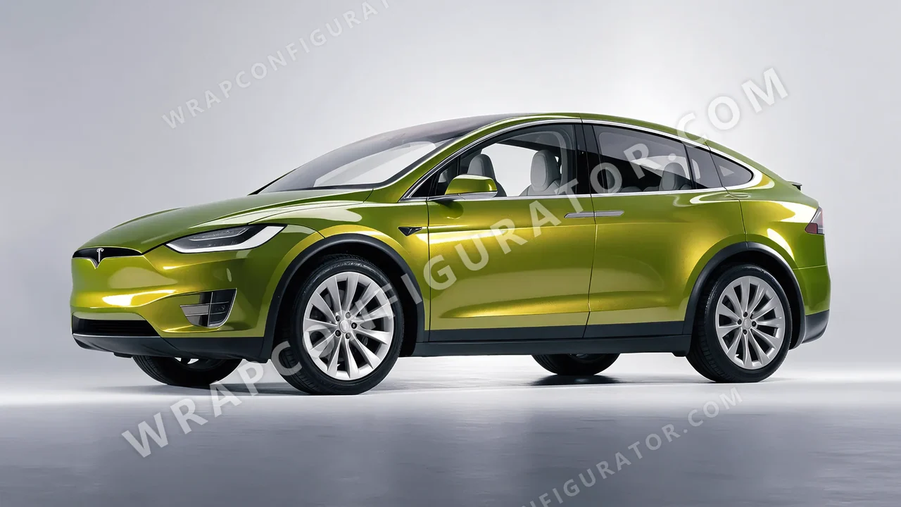 Yellow Tesla Model X 2017 wrapped in KPMF Solar Flash K75409