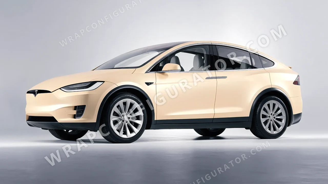 Yellow Tesla Model X 2017 wrapped in ORACAL Champagne Myst 970RA-996M