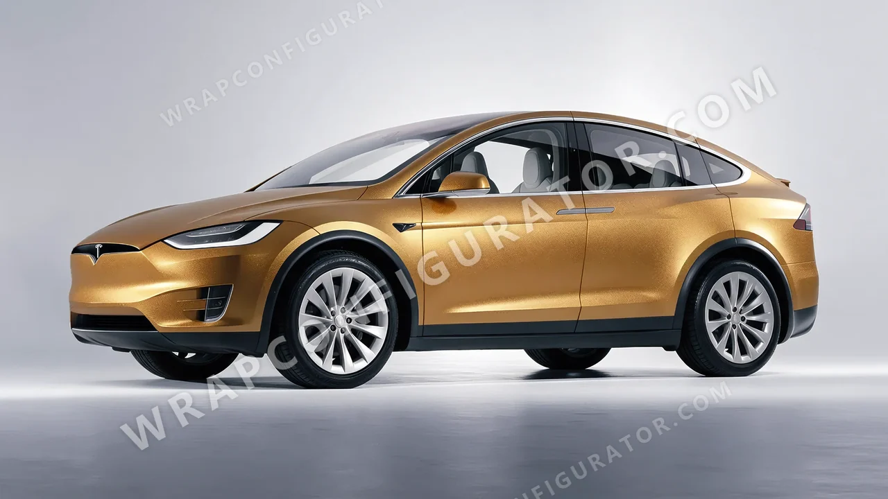 Yellow Tesla Model X 2017 wrapped in ORACAL Gold 970RA-091M