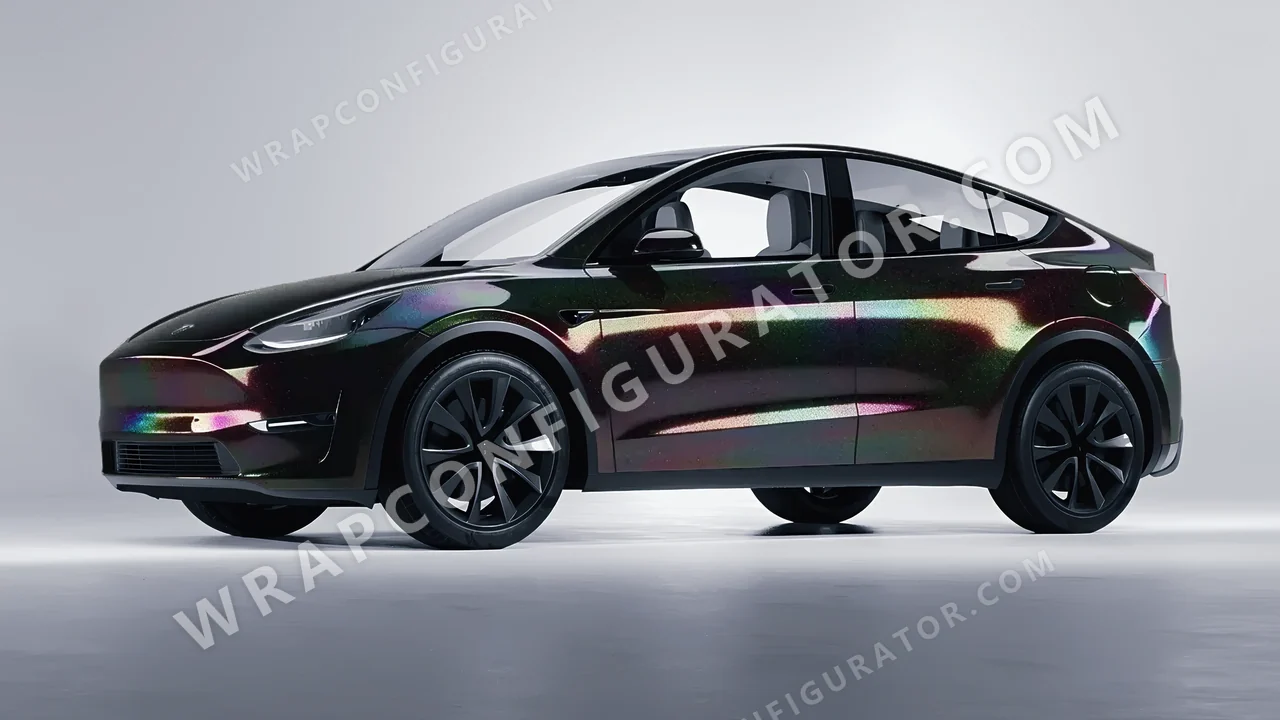 Black Tesla Model Y 2020 wrapped in 3M Black Psychedelic HGP221