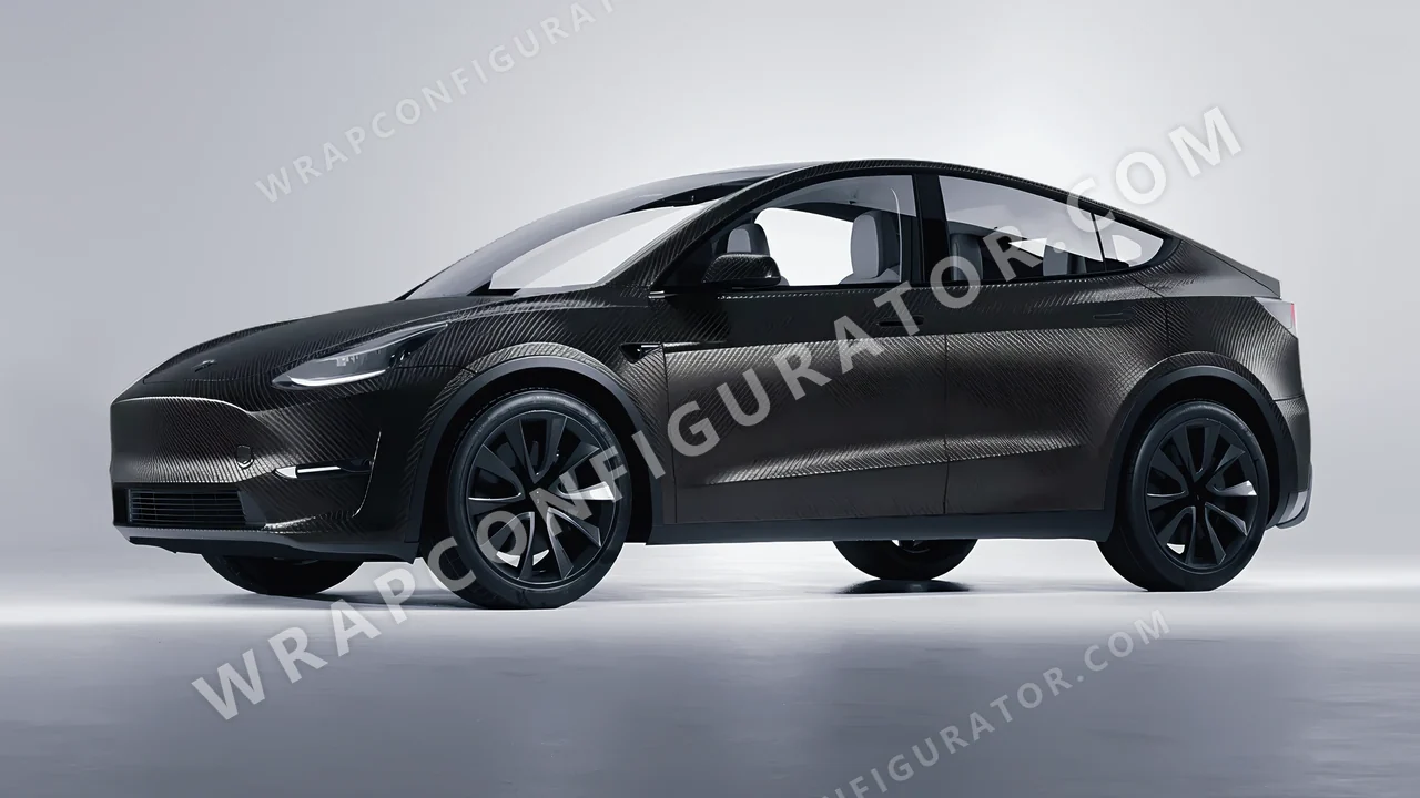 Black Tesla Model Y 2020 wrapped in 3M Carbon Fiber Black CFS12