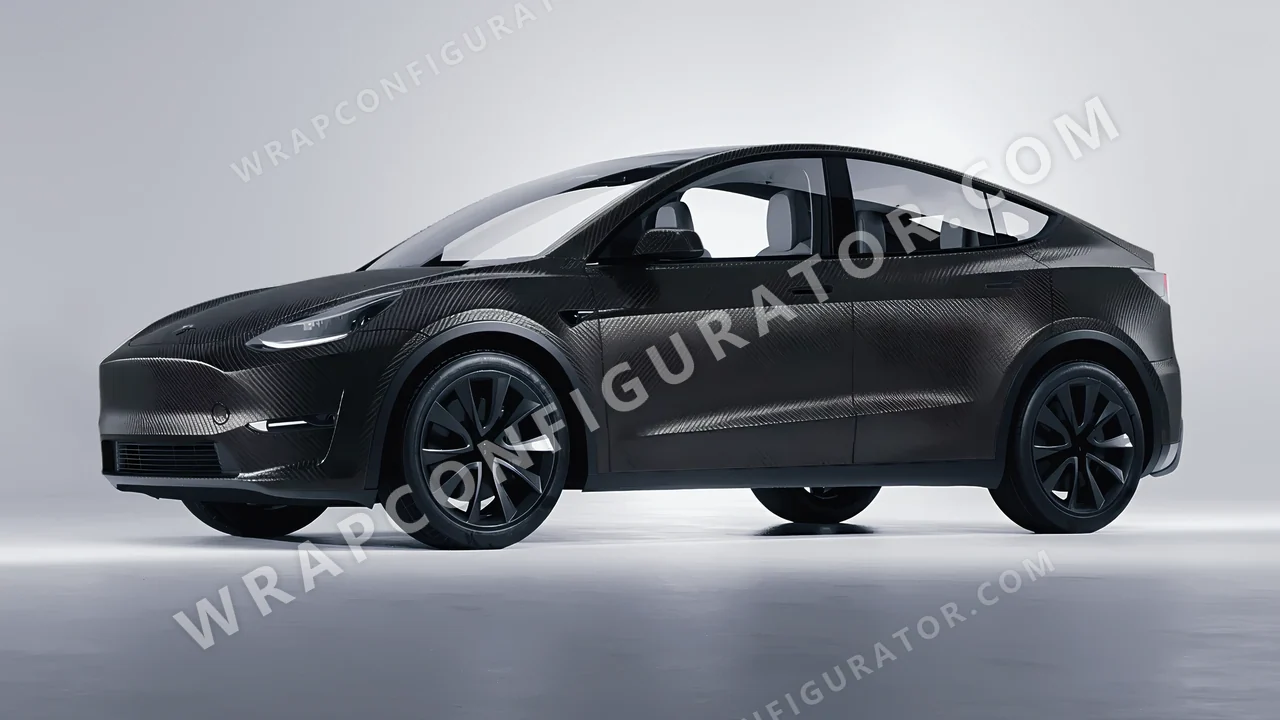 Black Tesla Model Y 2020 wrapped in Avery Dennison Carbon Fiber Black SW900-194-X
