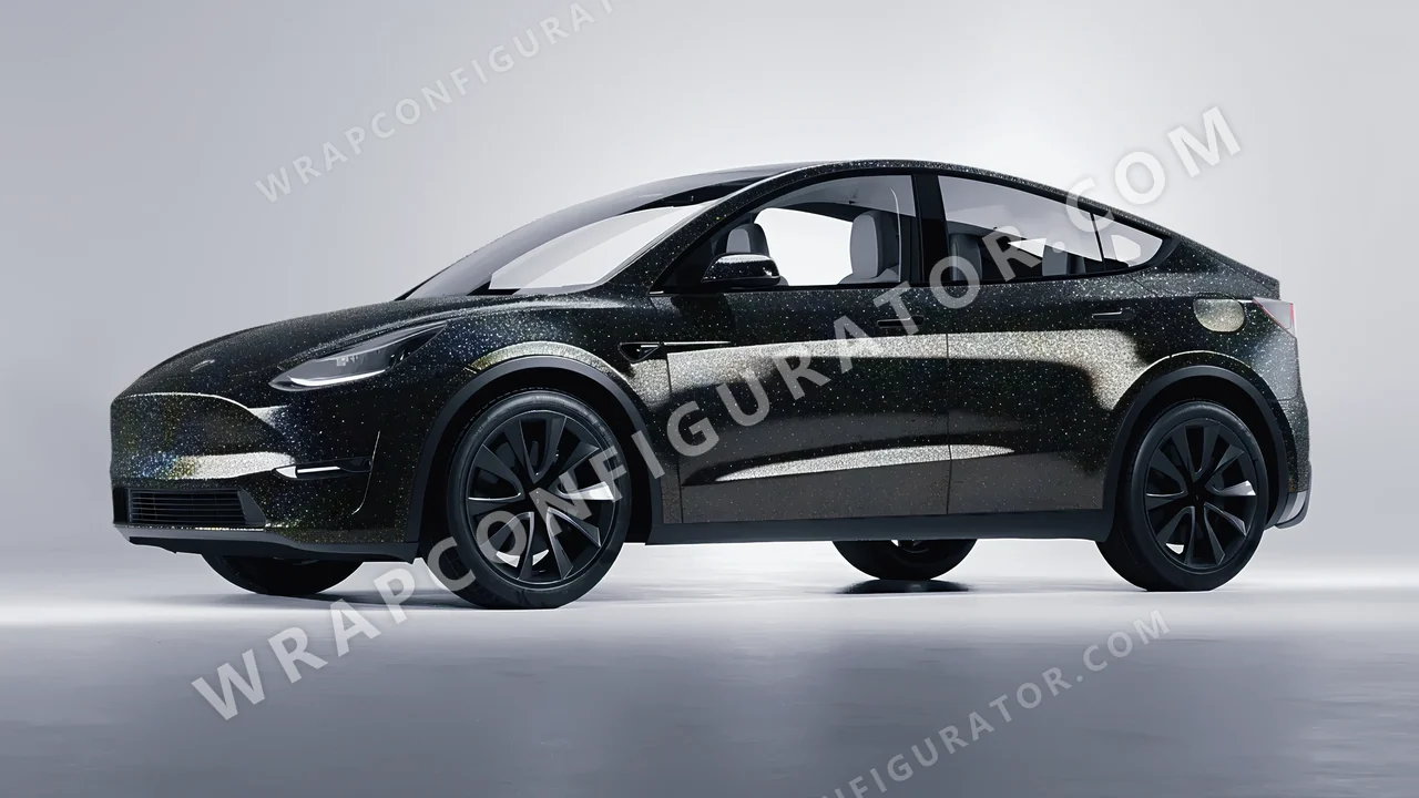 Black Tesla Model Y 2020 wrapped in ORACAL Gloss Black Galactic Gold 970RA-905G