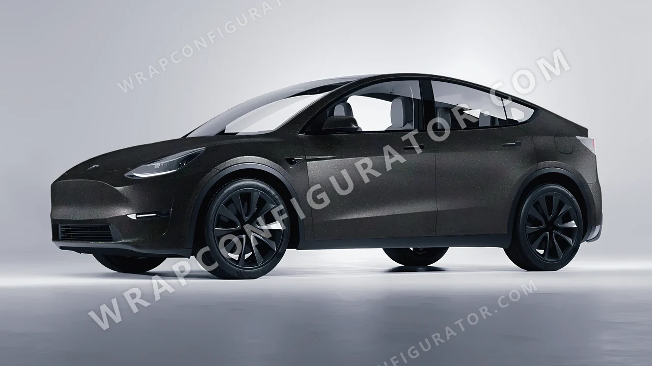 Black Tesla Model Y 2020 wrapped in ORACAL Matt Black Galactic Gold 970RA-905M