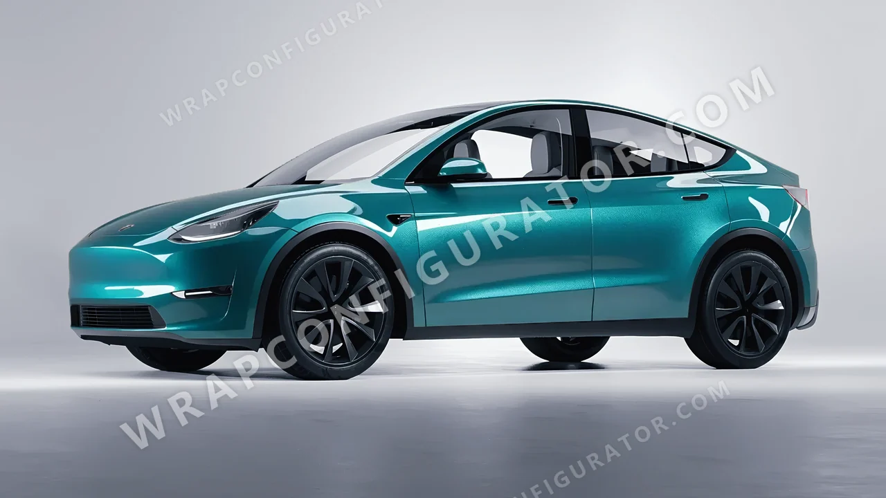 Blue Tesla Model Y 2020 wrapped in KPMF Dynamic Teal K75455