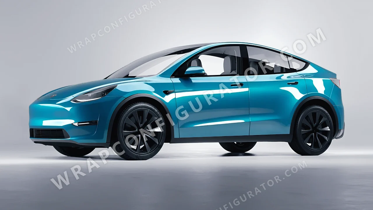 Blue Tesla Model Y 2020 wrapped in ORACAL Lagoon 970RA-553G