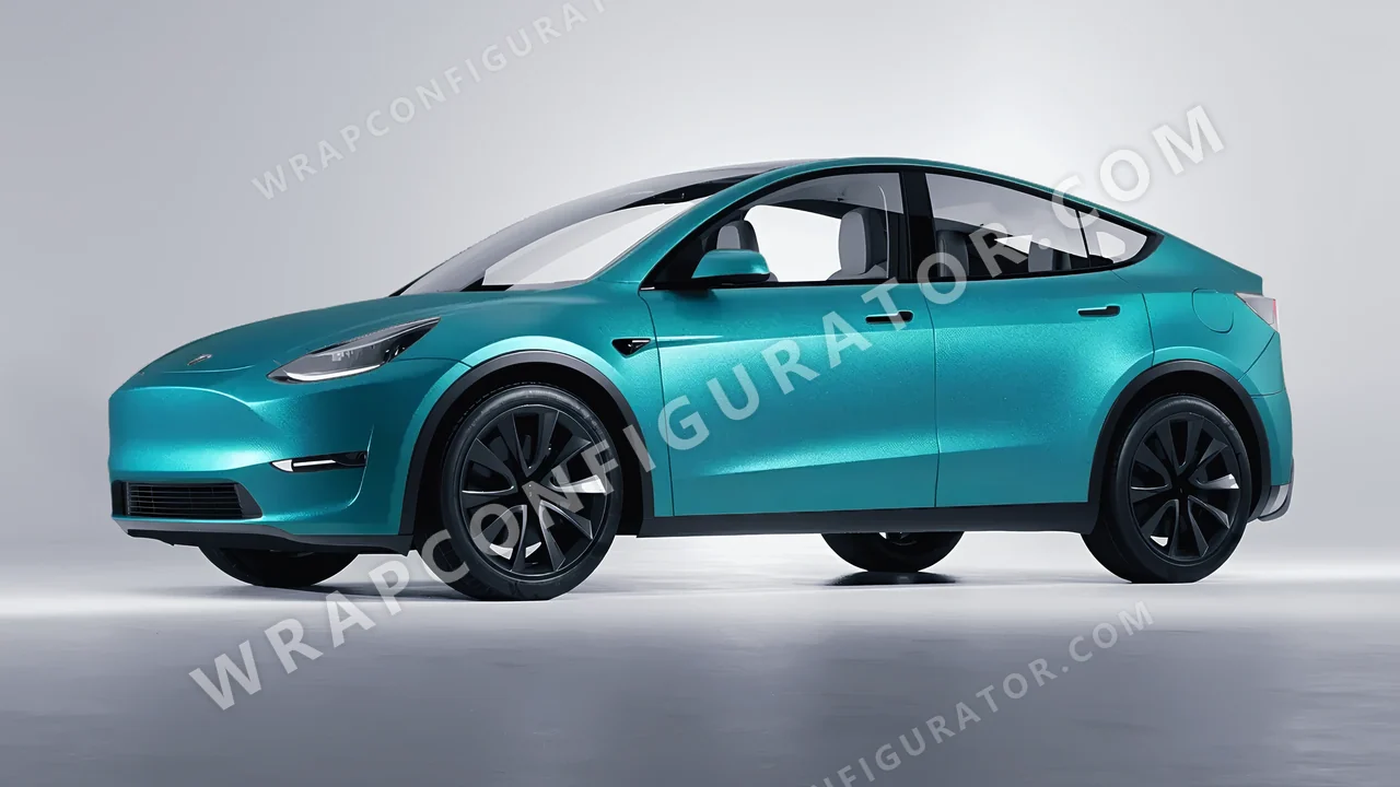 Blue Tesla Model Y 2020 wrapped in ORACAL Matt Turbo Turquoise 970RA-182M