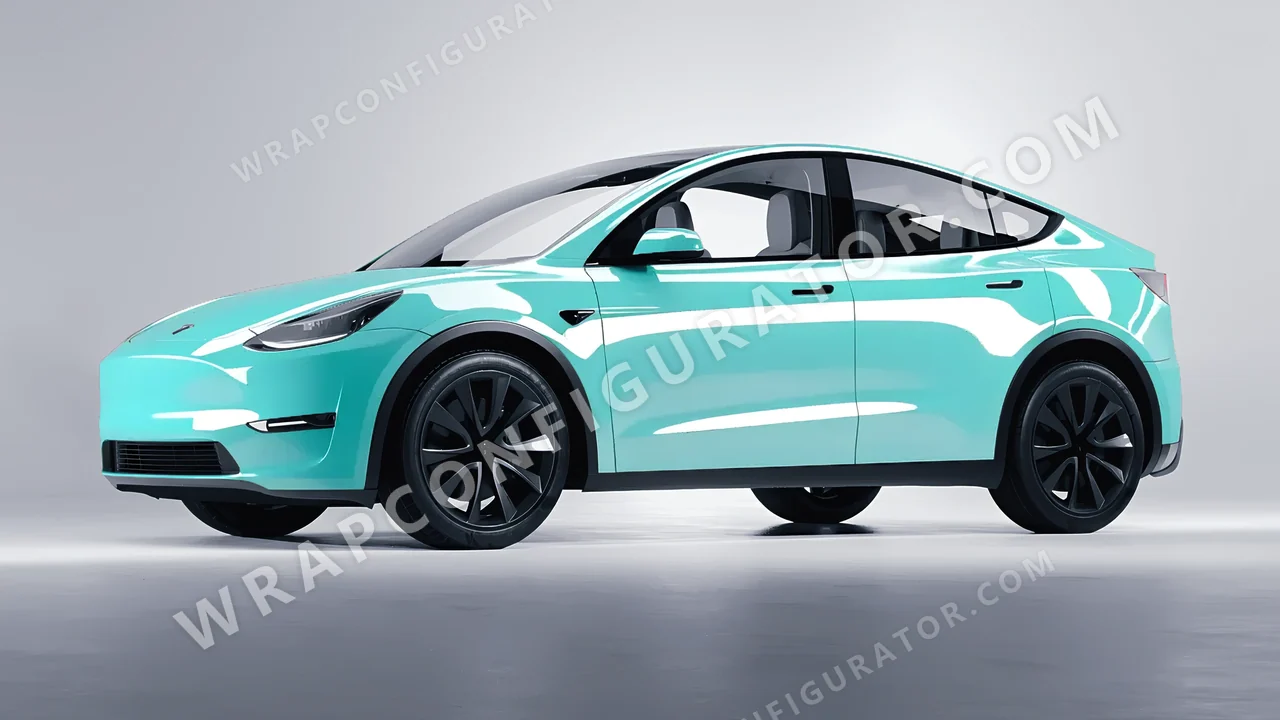 Blue Tesla Model Y 2020 wrapped in ORACAL Mint 970RA-055G