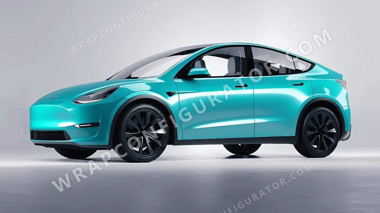 Blue Tesla Model Y 2020 wrapped in ORACAL Turbo Turquoise 970RA-172G