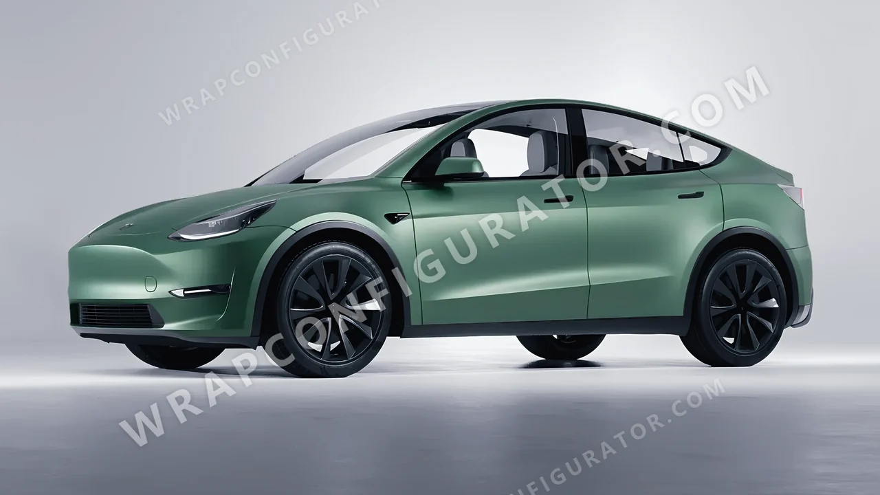 Green Tesla Model Y 2020 wrapped in 3M Matte Pine Green Metallic M206