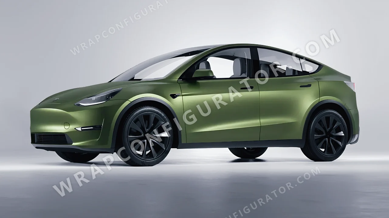 Green Tesla Model Y 2020 wrapped in Avery Dennison Moss Green SW900-737-M