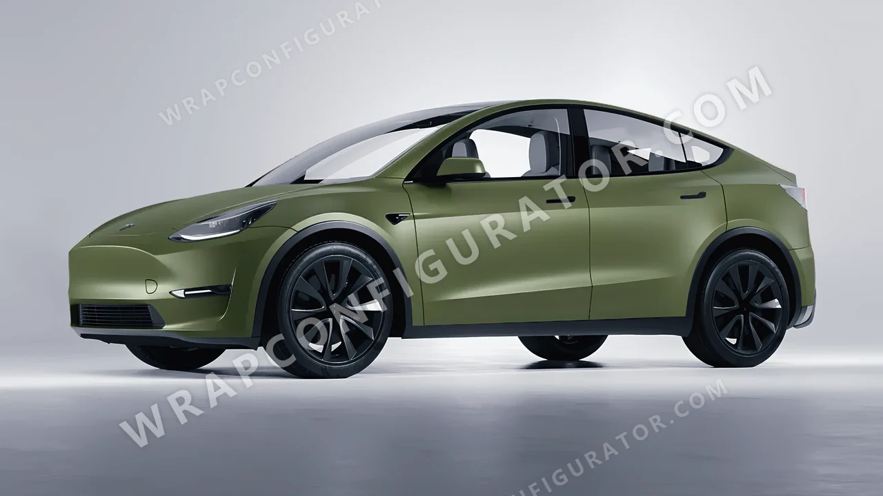 Green Tesla Model Y 2020 wrapped in Avery Dennison Olive Green SW900-732-O