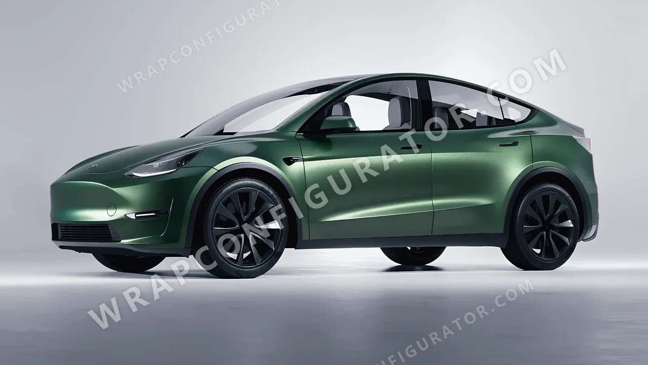 Green Tesla Model Y 2020 wrapped in Avery Dennison Pearl Dark Green SW900-796-S
