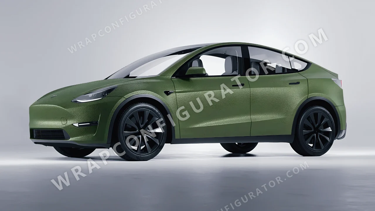 Green Tesla Model Y 2020 wrapped in Avery Dennison Rugged Marsh Green SW900-738-X