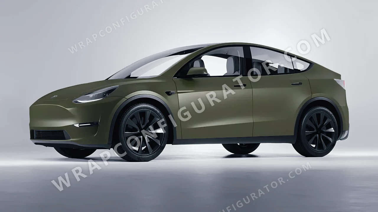 Green Tesla Model Y 2020 wrapped in Colourshield PPF by HyperPro Army Green SMF04-P