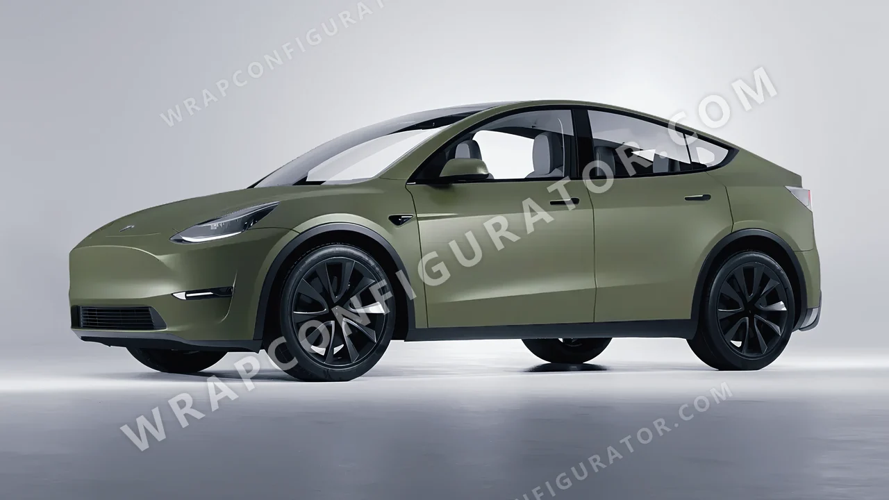 Green Tesla Model Y 2020 wrapped in Inozetek Dynamic PPF Army Green DPPF810