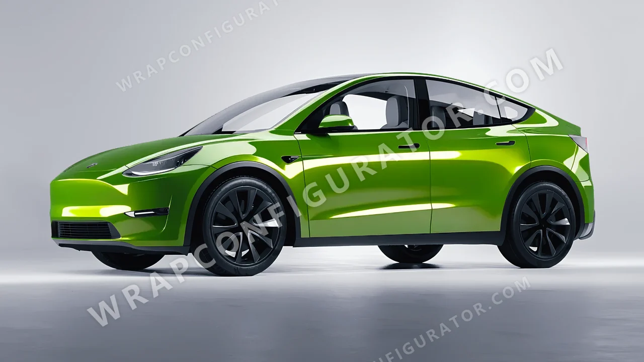 Green Tesla Model Y 2020 wrapped in Inozetek Dynamic PPF Drift HQ Java Green DHQ999