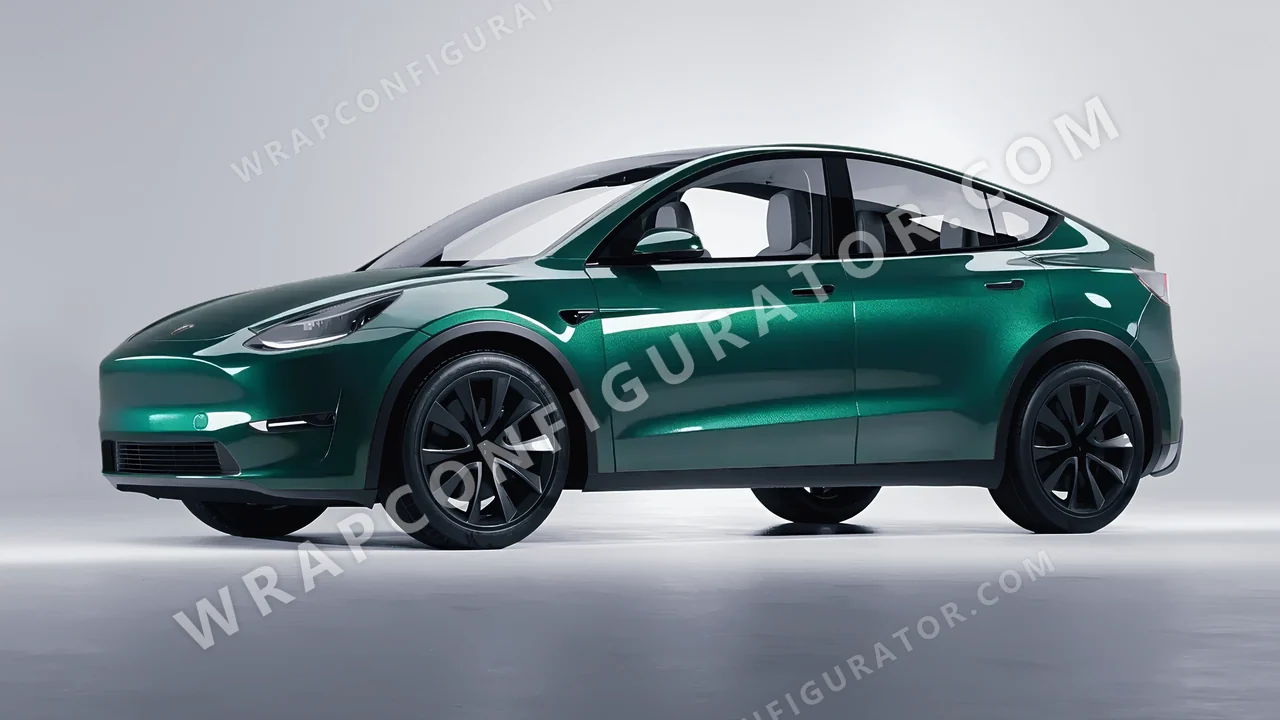 Green Tesla Model Y 2020 wrapped in Inozetek Dynamic PPF Emerald Green DPPF902