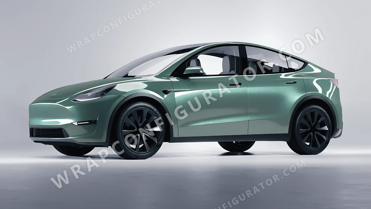 Green Tesla Model Y 2020 wrapped in Inozetek Dynamic PPF Sage Green DPPF710