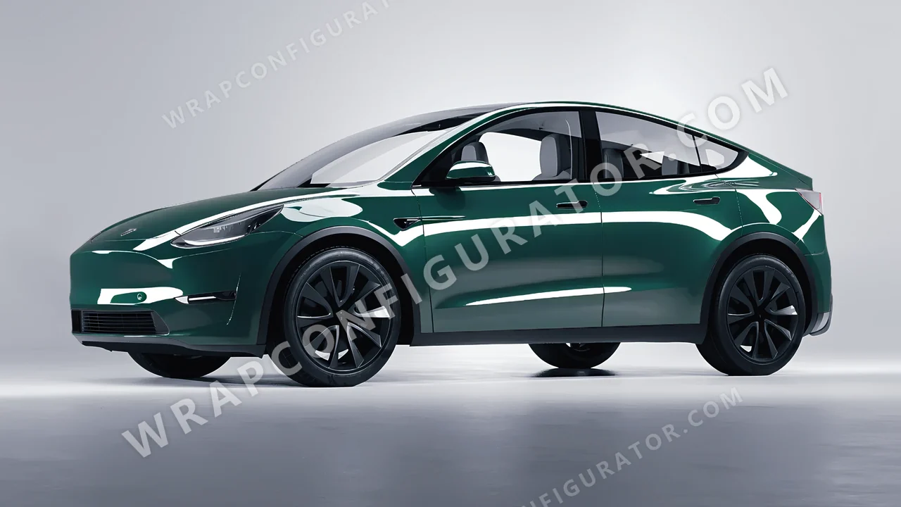 Green Tesla Model Y 2020 wrapped in Inozetek Dynamic PPF Shadow Green DPPF706