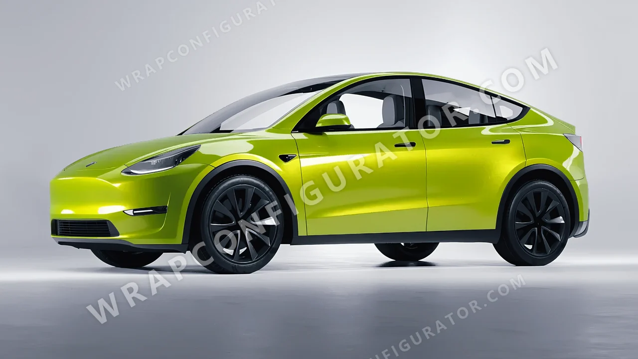 Green Tesla Model Y 2020 wrapped in KPMF Dynamic Lime K75454