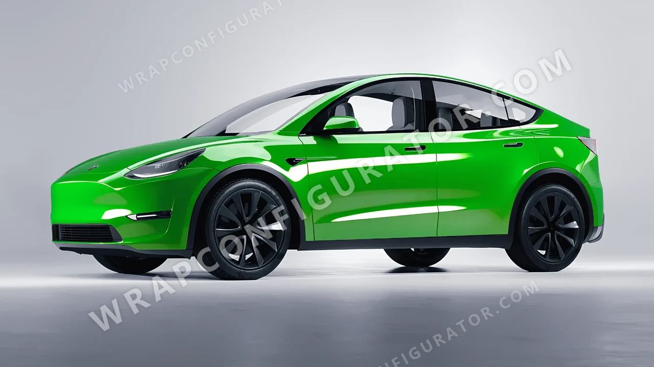 Green Tesla Model Y 2020 wrapped in ORACAL Lawn Green 970RA-464G