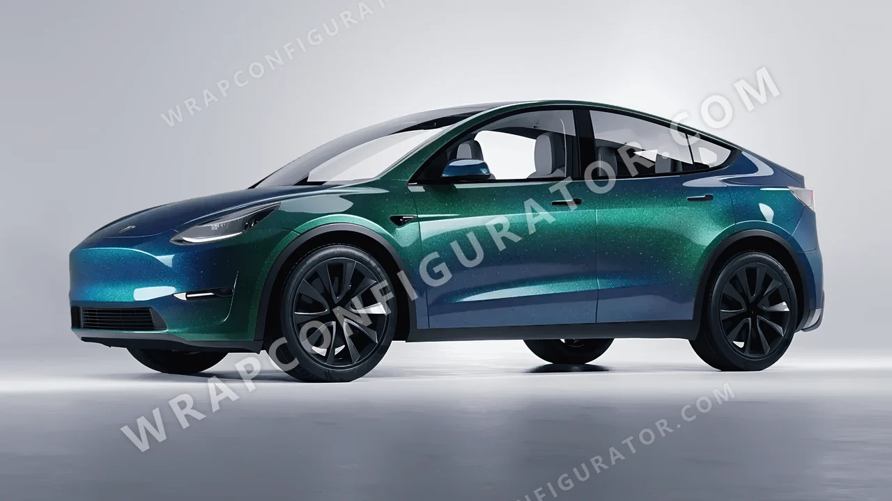 Grey Tesla Model Y 2020 wrapped in ORACAL Thunderous Blue Green 970RA-851G