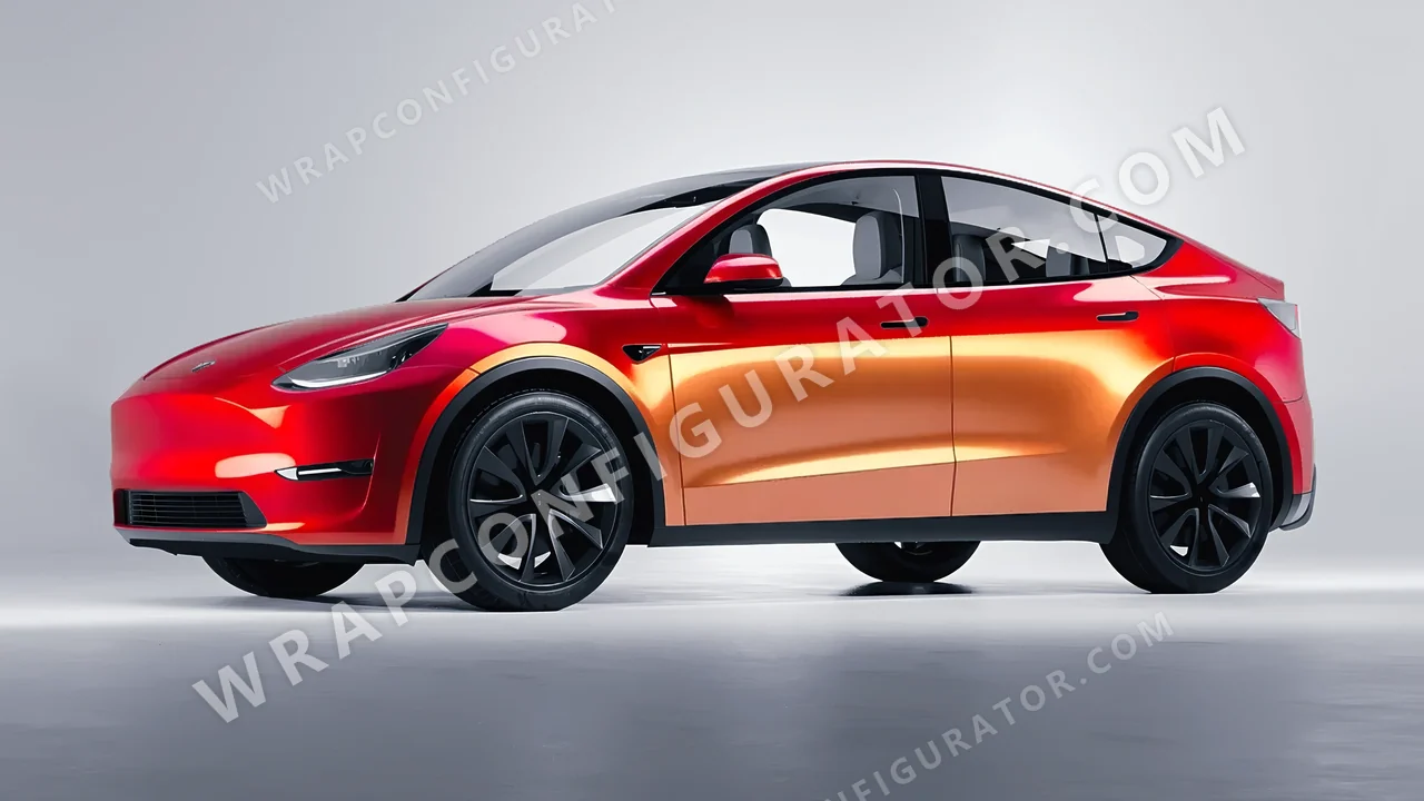 Orange Tesla Model Y 2020 wrapped in ORACAL Gloss Sunset Shift 970RA-100G
