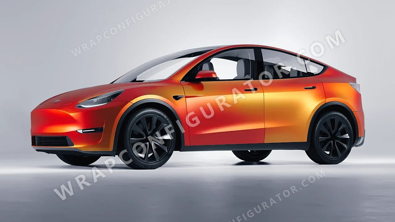 Orange Tesla Model Y 2020 wrapped in ORACAL Matt Sunset Shift 970RA-100M