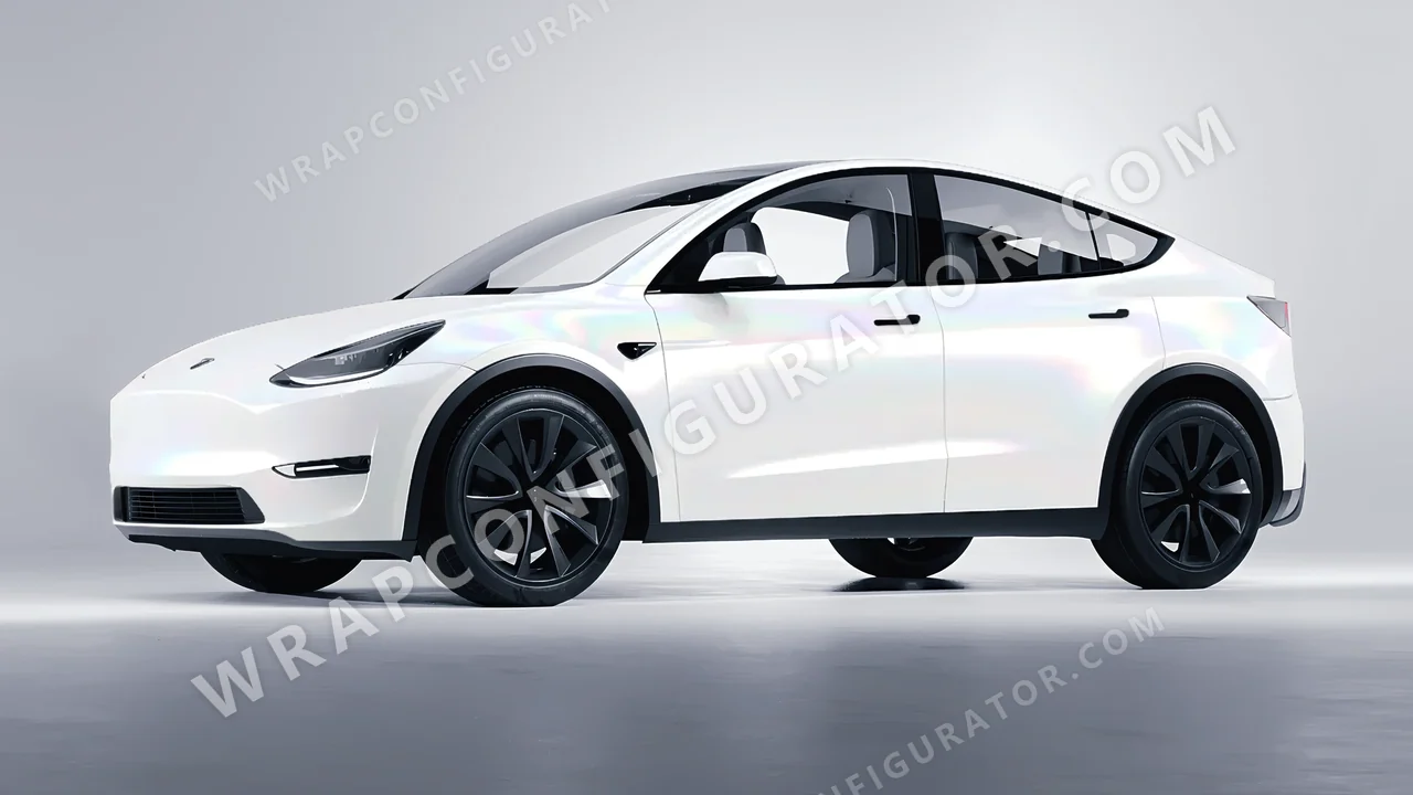 White Tesla Model Y 2020 wrapped in 3M Satin Flip Ghost Pearl SP280