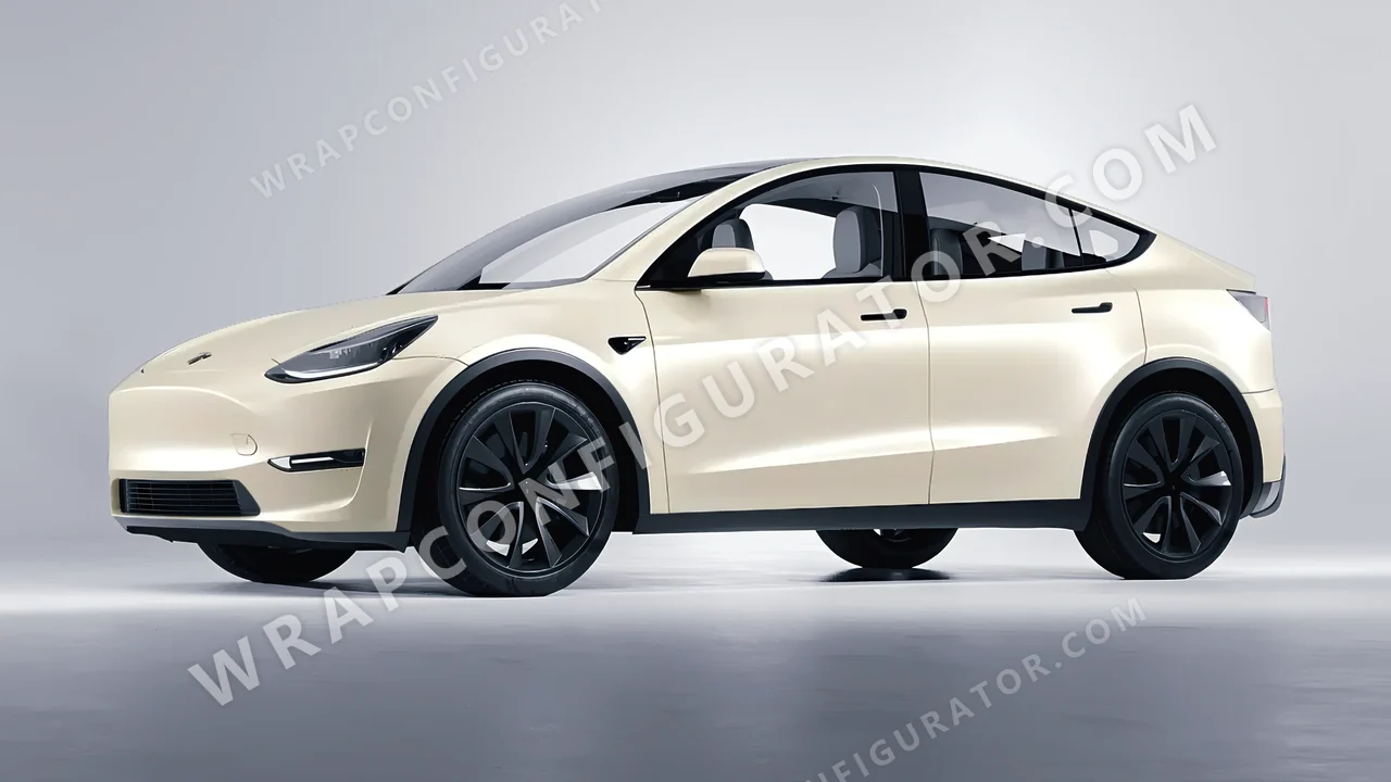 White Tesla Model Y 2020 wrapped in 3M Satin Frozen Vanilla SP240