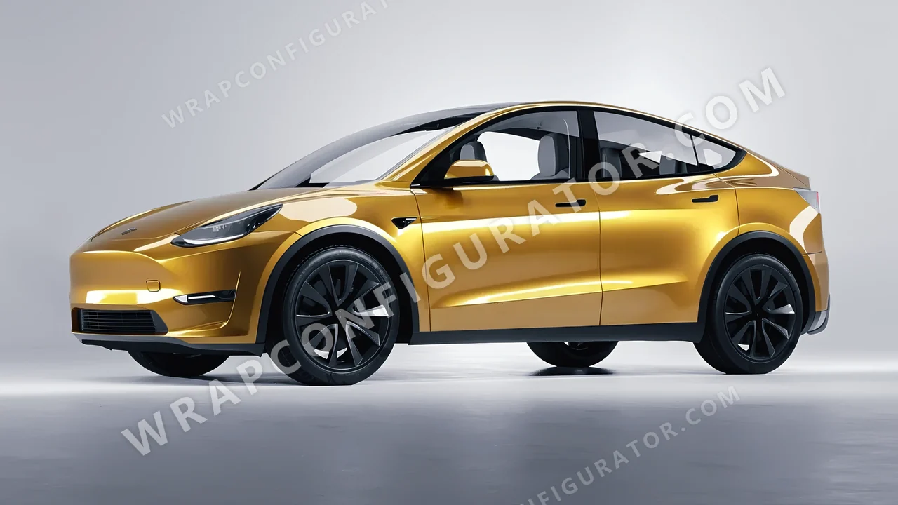 Yellow Tesla Model Y 2020 wrapped in 3M Gloss Gold Metallic G241