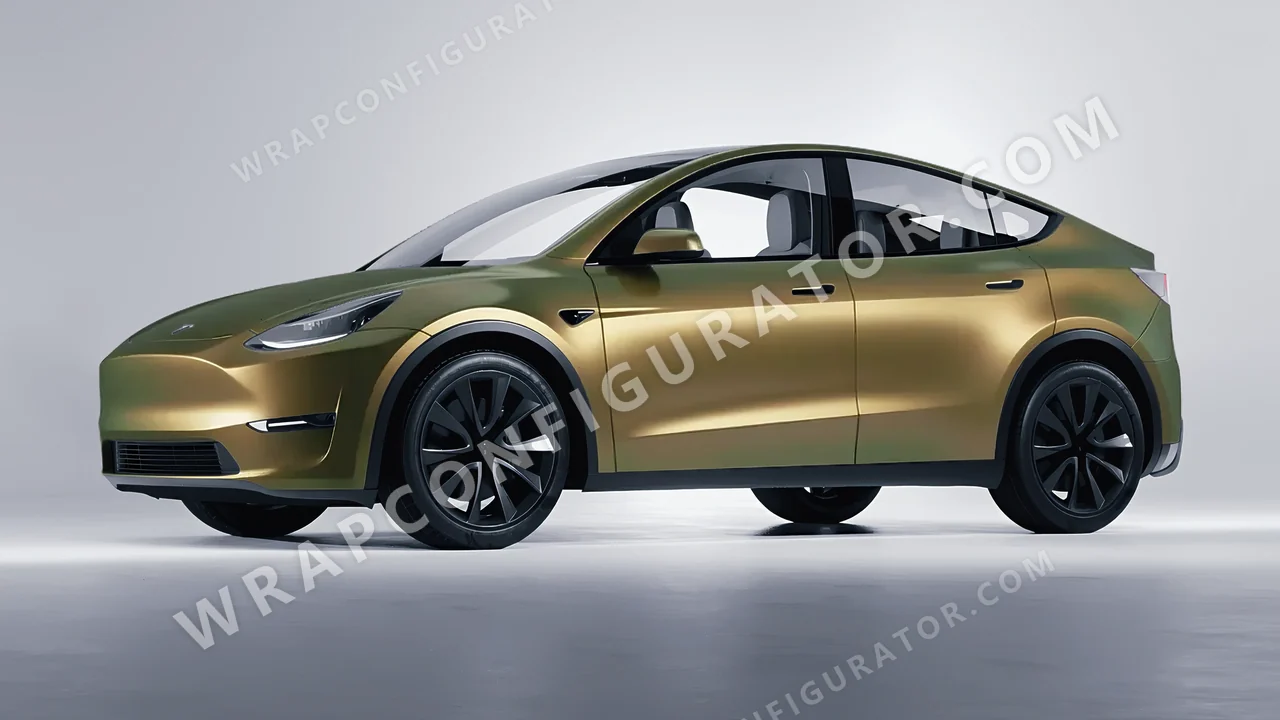 Yellow Tesla Model Y 2020 wrapped in 3M Golden Aurora SP264