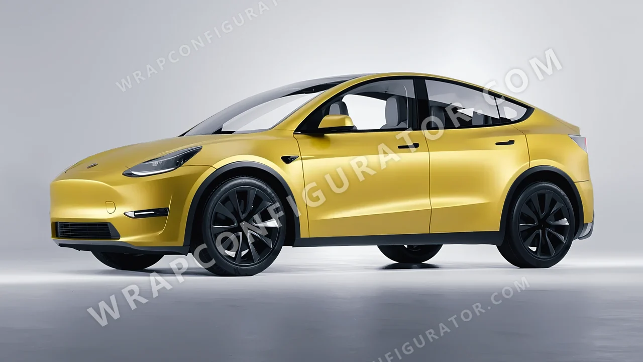 Yellow Tesla Model Y 2020 wrapped in 3M Satin Bitter Yellow S335