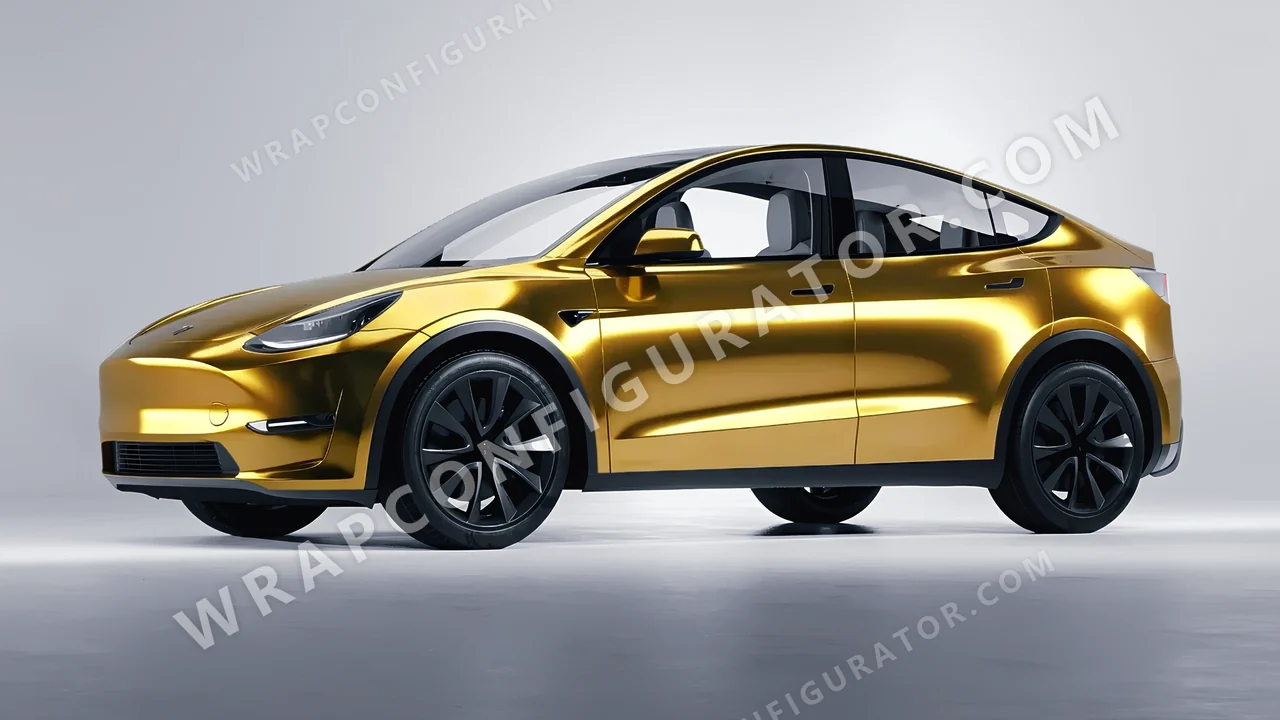 Yellow Tesla Model Y 2020 wrapped in Avery Dennison Gold SF100-604-S