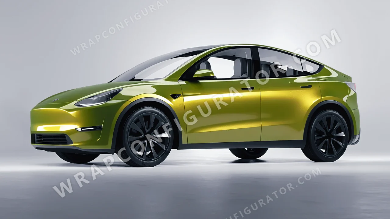 Yellow Tesla Model Y 2020 wrapped in KPMF Solar Flash K75409