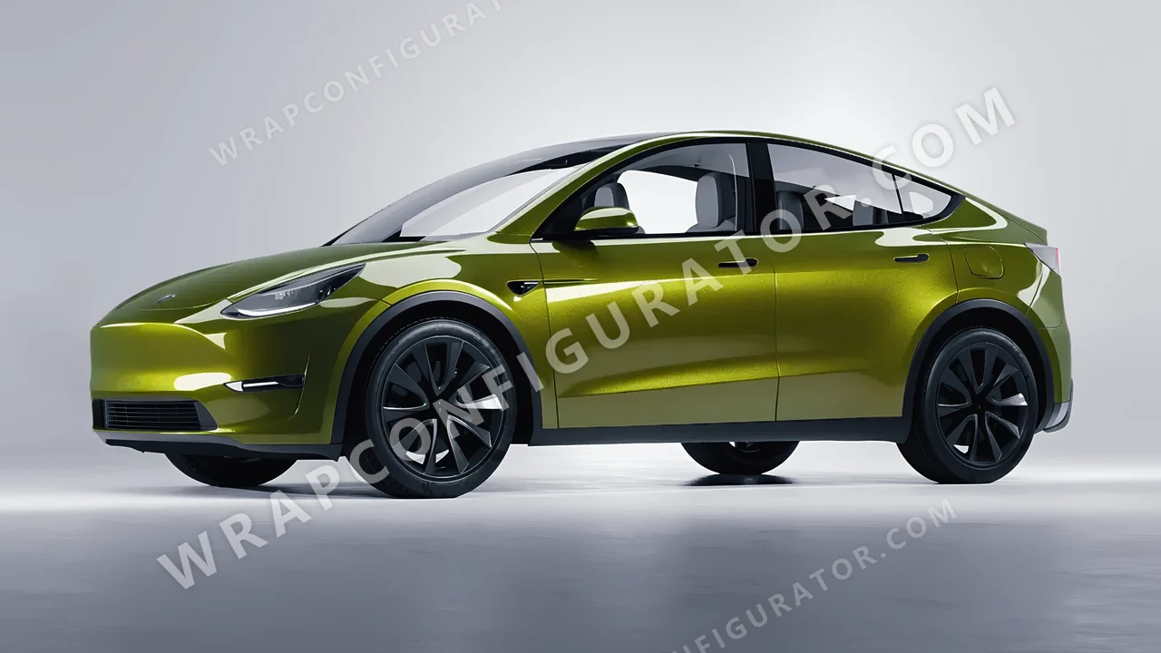 Yellow Tesla Model Y 2020 wrapped in KPMF Verde Solaris K75439