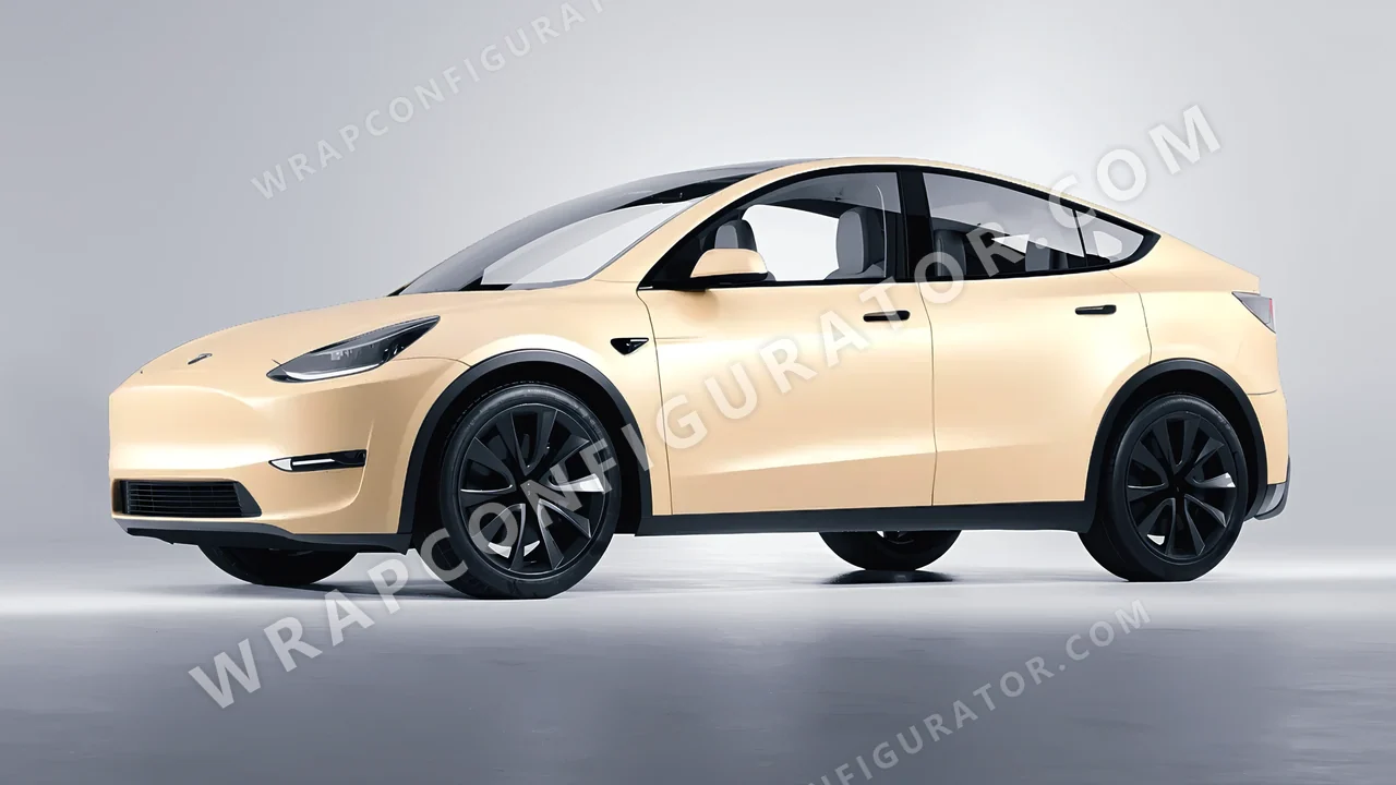 Yellow Tesla Model Y 2020 wrapped in ORACAL Champagne Myst 970RA-996M
