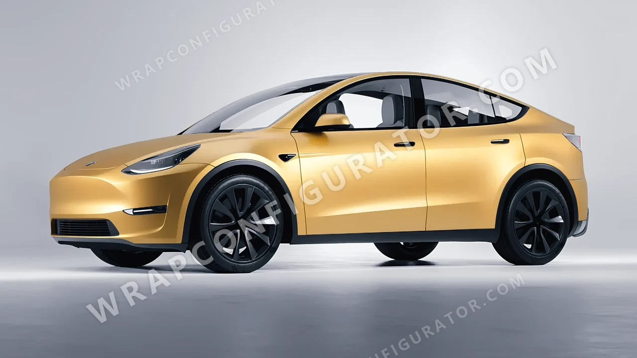 Yellow Tesla Model Y 2020 wrapped in ORACAL Divine Gold 970RA-995M