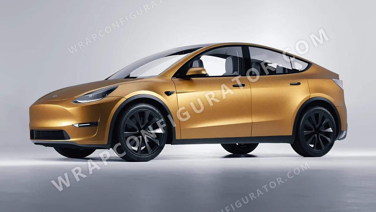 Yellow Tesla Model Y 2020 wrapped in ORACAL Gold 970RA-091M