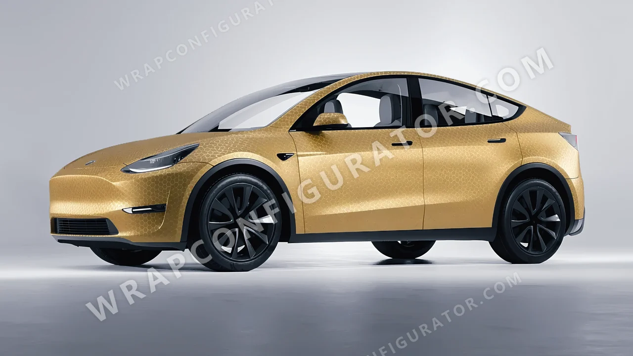Yellow Tesla Model Y 2020 wrapped in ORACAL Gold Honeycomb 975-091HC