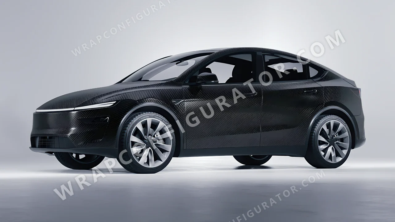 Black Tesla Model Y Juniper 2025 wrapped in Avery Dennison Carbon Fiber Black SW900-194-X