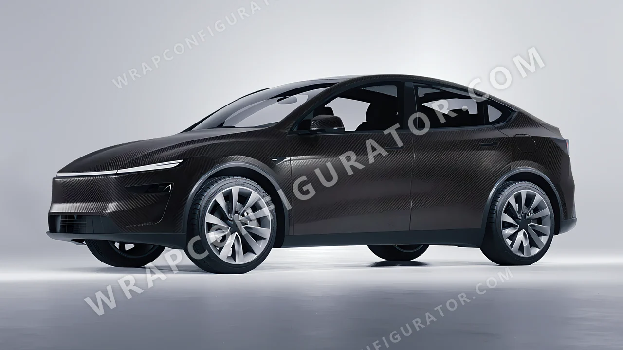 Black Tesla Model Y Juniper 2025 wrapped in KPMF Black Fibre Vehicle Wrapping System K87021