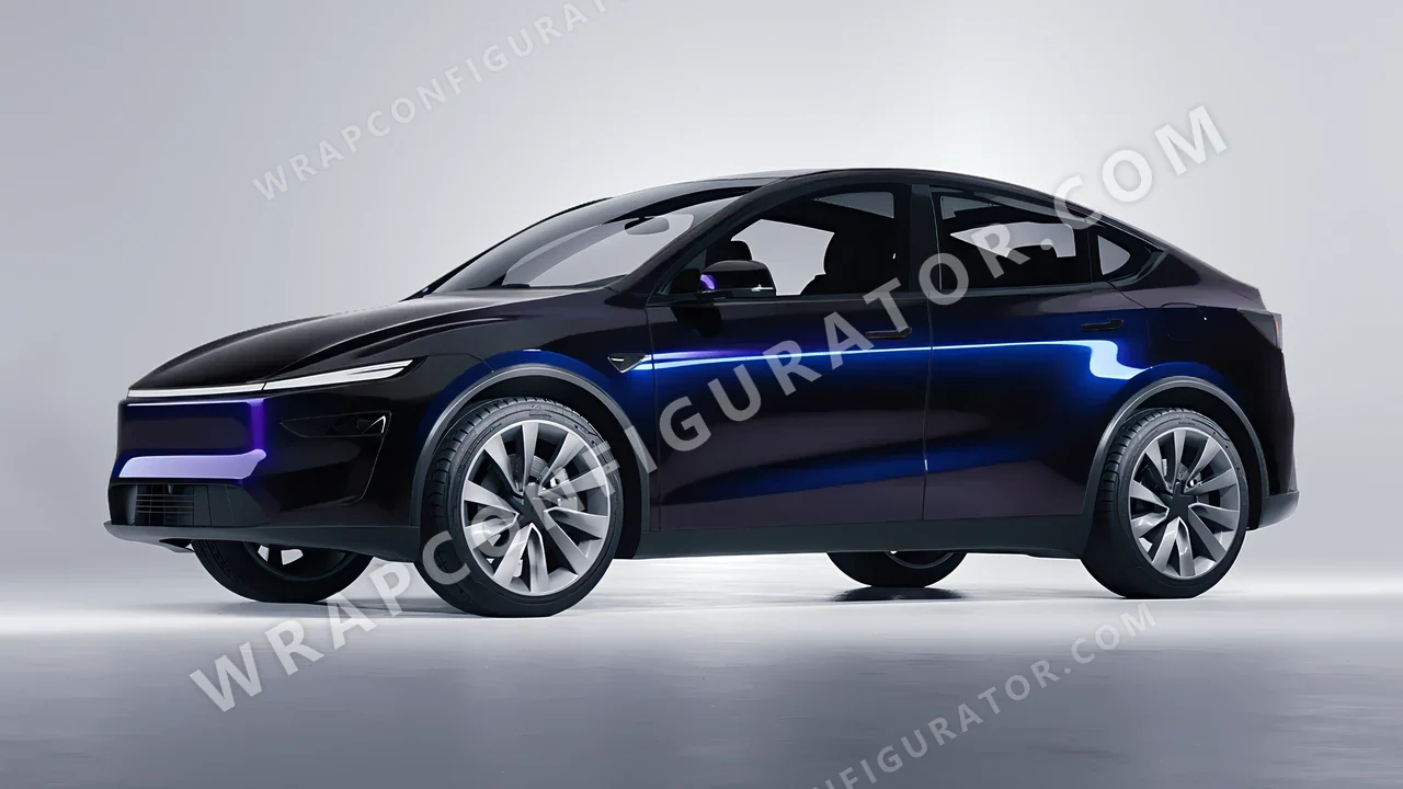 Black Tesla Model Y Juniper 2025 wrapped in KPMF Blue Black Iridescent K75469