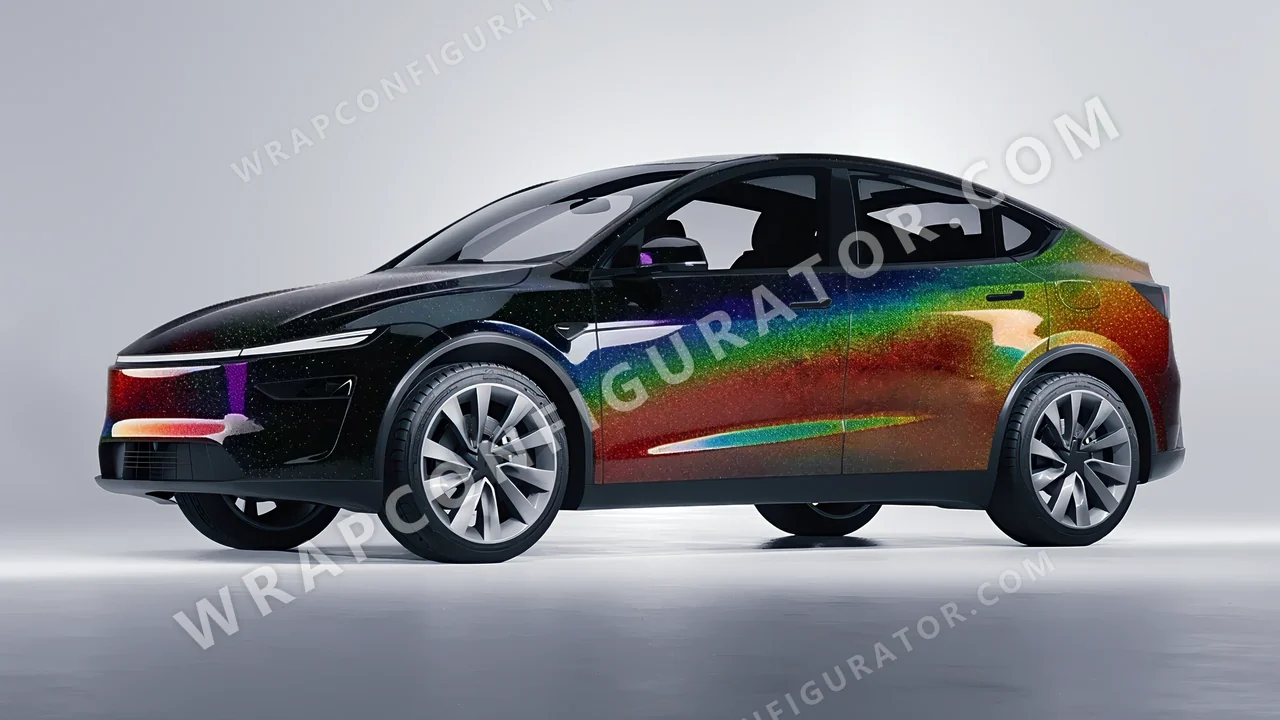 Black Tesla Model Y Juniper 2025 wrapped in KPMF Morpheus Black Starlight K75470