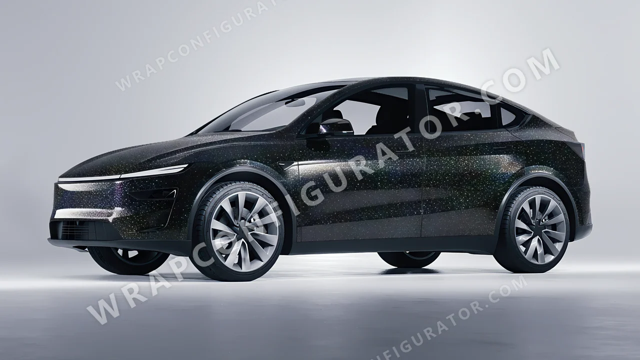 Black Tesla Model Y Juniper 2025 wrapped in ORACAL Gloss Black Galactic Gold 970RA-905G
