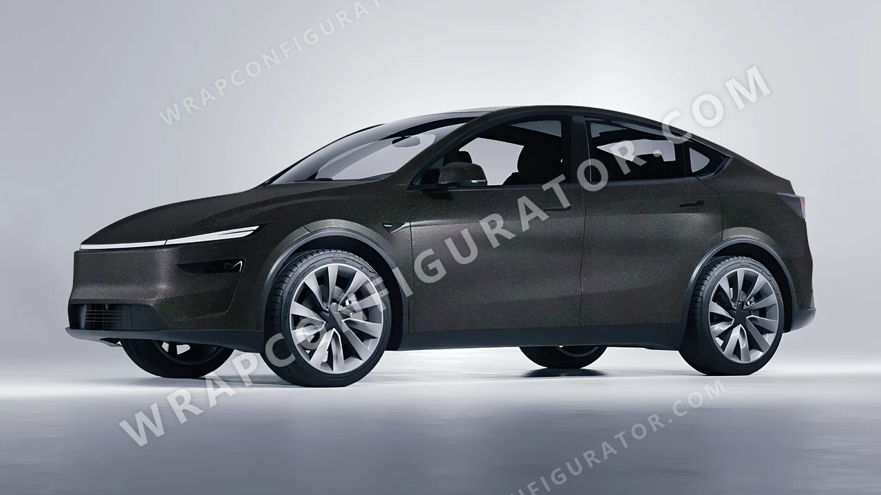 Black Tesla Model Y Juniper 2025 wrapped in ORACAL Matt Black Galactic Gold 970RA-905M