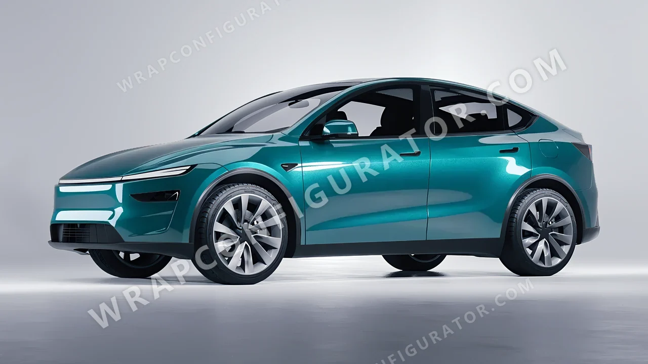 Blue Tesla Model Y Juniper 2025 wrapped in KPMF Dynamic Teal K75455