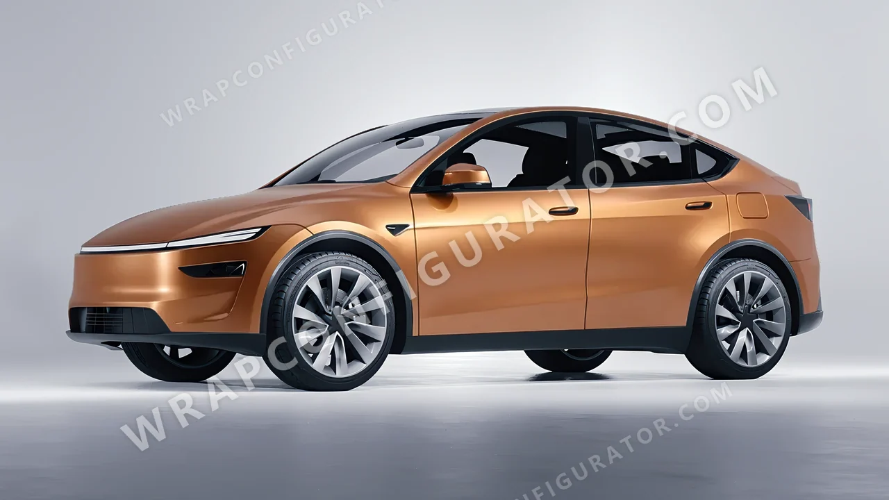 Brown Tesla Model Y Juniper 2025 wrapped in 3M Satin Caramel Luster SP59